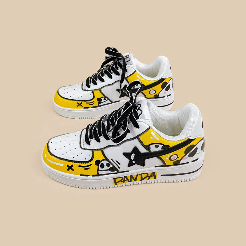 Hand Painted Yellow Panda Casual White Shoes - Unisex Bobo&#39;s House 