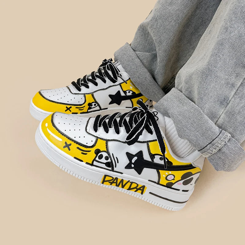 Hand Painted Yellow Panda Casual White Shoes - Unisex Bobo&#39;s House 