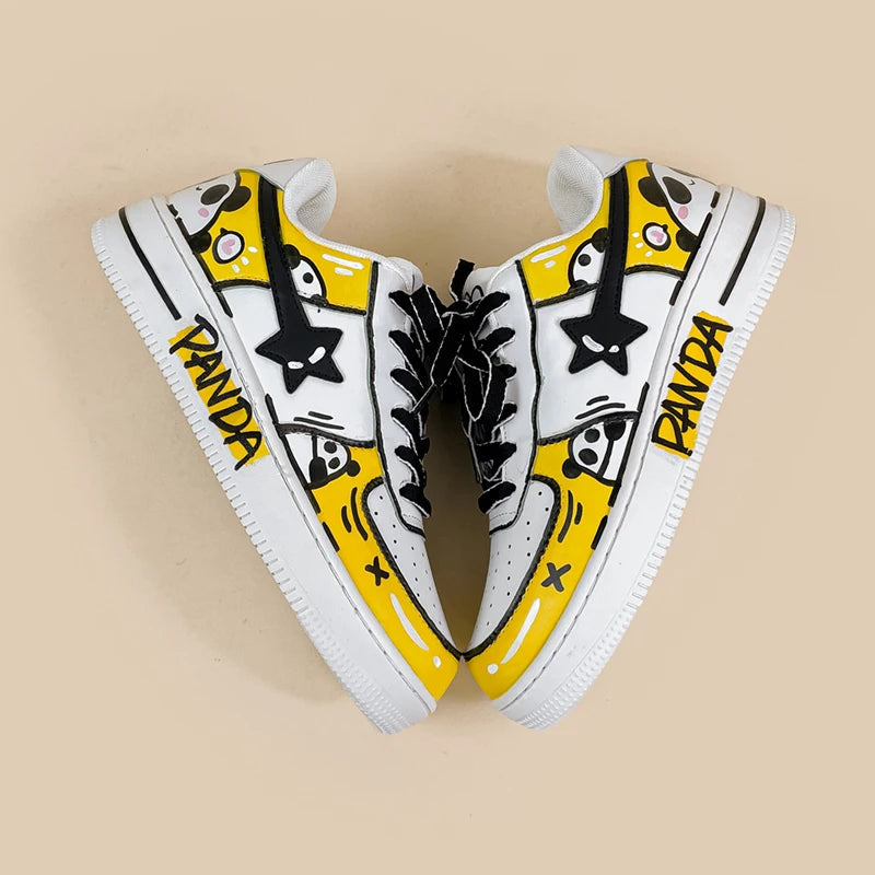 Hand Painted Yellow Panda Casual White Shoes - Unisex Bobo&#39;s House 