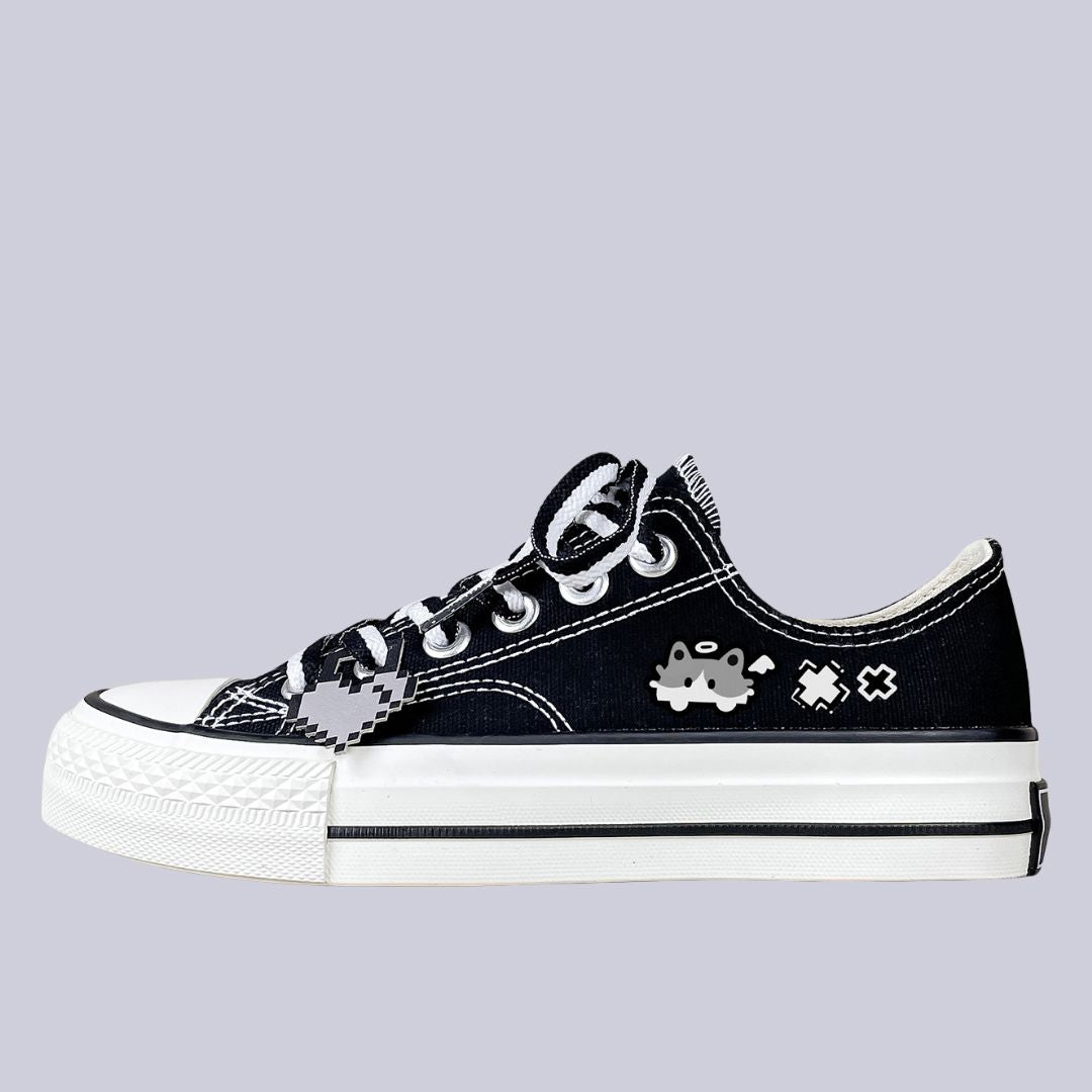 Kawaii Pixel Kitty Black Low Top Canvas Shoes - Unisex Cat Bobo's House M 3 | W 5 | EU 35 