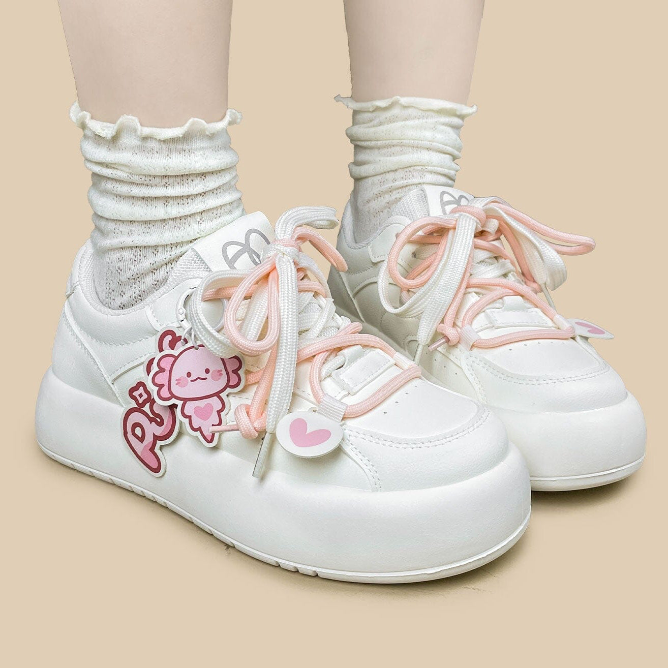 Kawaii Puff the Axolotl Pink Chunky Platform Sneakers - Women's