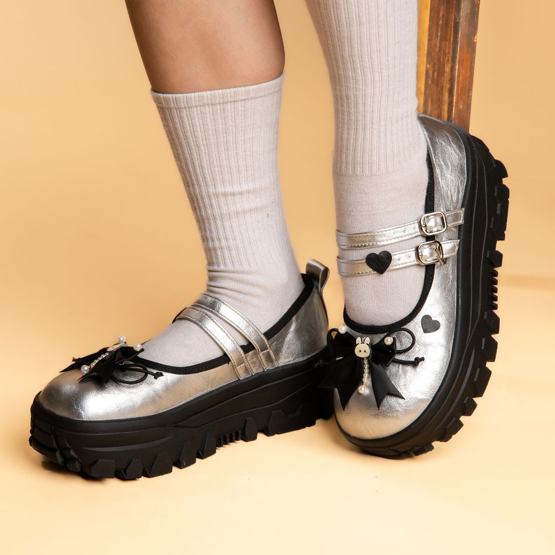 Moonlight Silver Bunny Mary Janes Platform Sneakers - Women's