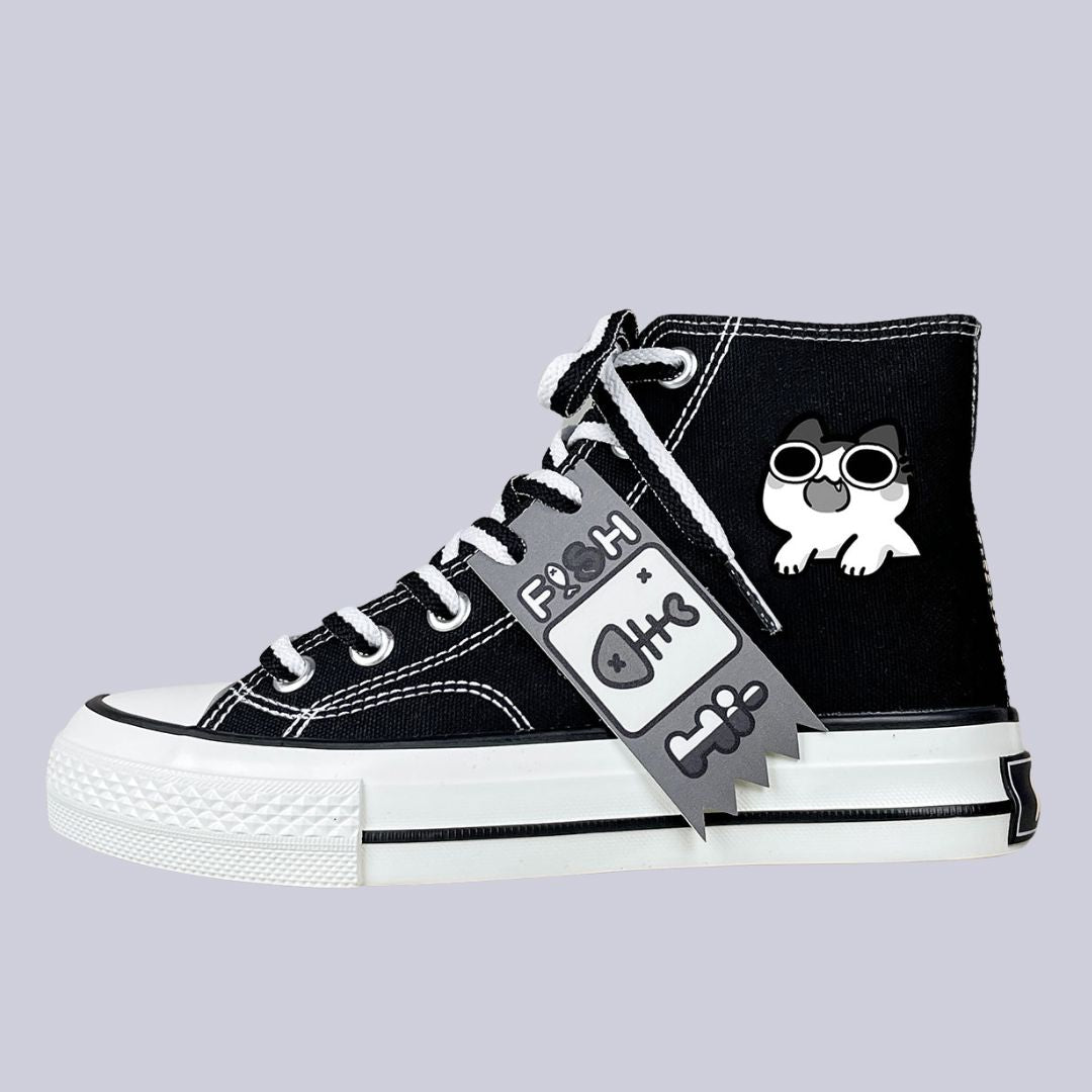 Neko Fish Bone Black High Top Canvas Shoes - Unisex Cat Bobo's House M 3 | W 5 | EU 35 