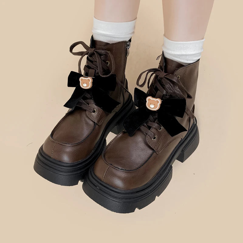 Pretty Bear and Bow Brown Leather Boots - Women&#39;s Bobo&#39;s House 