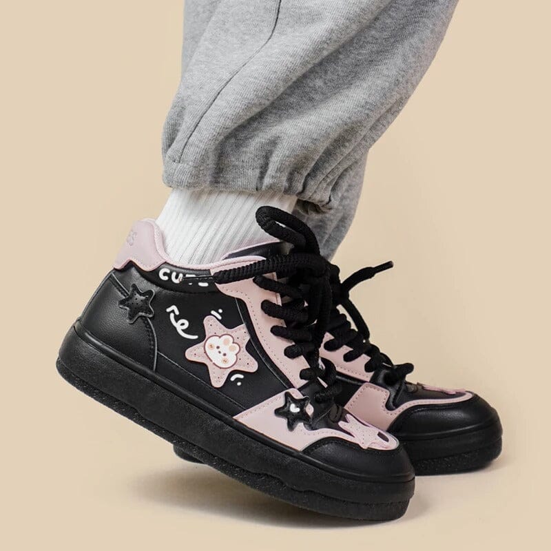 Pretty Pink Star Cute Bunny Mid-Top Casual Sneakers - Women&#39;s Bobo&#39;s House 