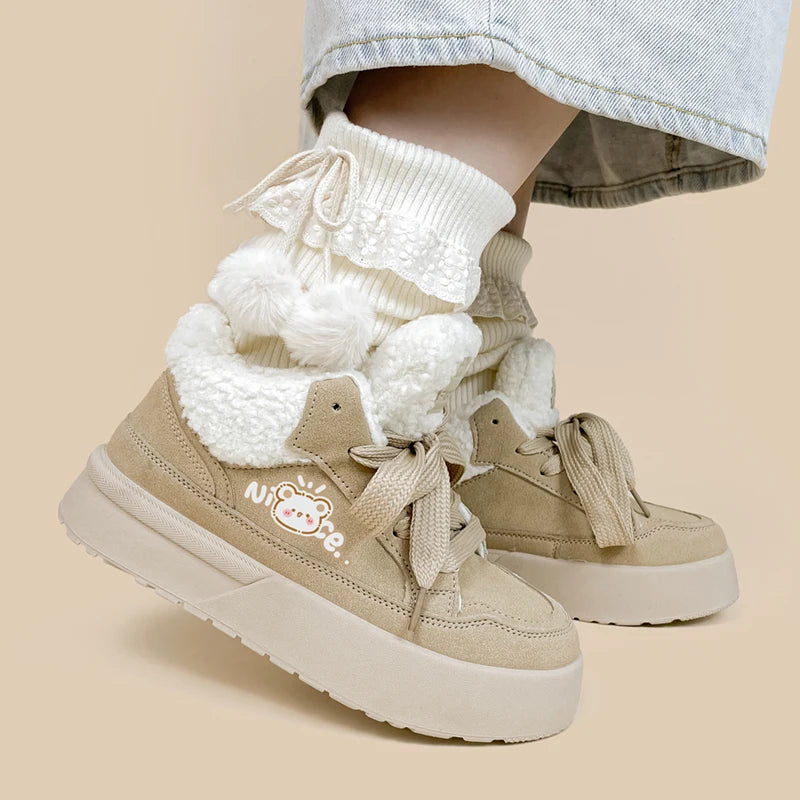 Ultra Chunky Beige Bear Plush Lined Sneakers - Women&#39;s Bobo&#39;s House 