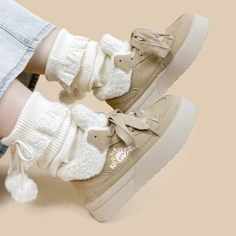 Ultra Chunky Beige Bear Plush Lined Sneakers - Women&#39;s Bobo&#39;s House 