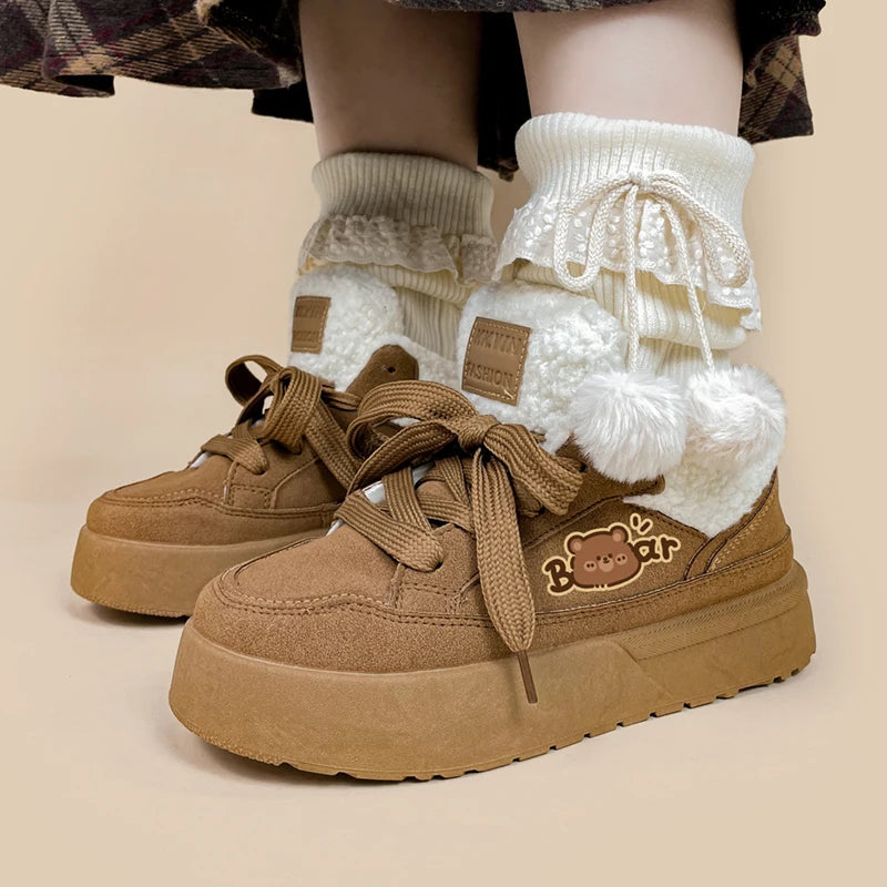 Ultra Chunky Brown Bear Plush Lined Sneakers - Women&#39;s Bobo&#39;s House 