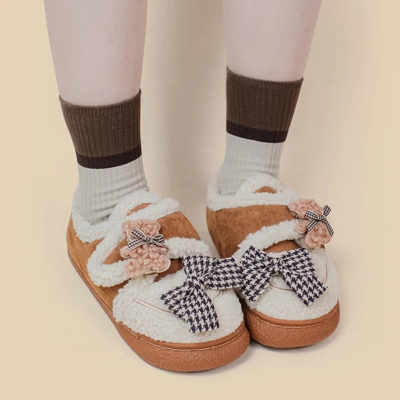 Ultra Soft Bears and Bows Velcro Strap Plush Shoes - Women&#39;s Bobo&#39;s House 