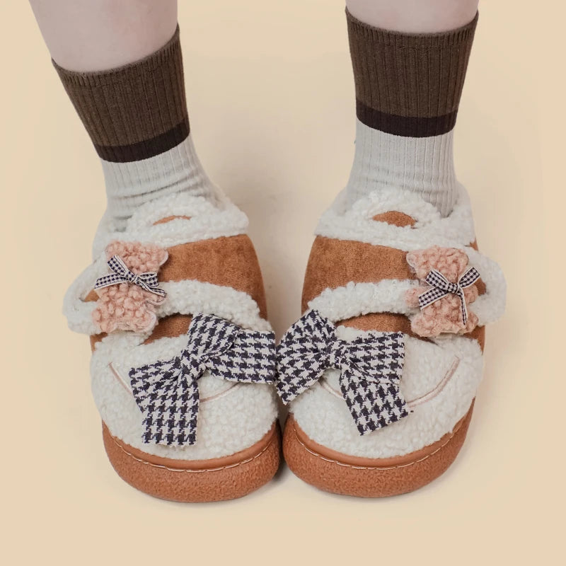 Ultra Soft Bears and Bows Velcro Strap Plush Shoes - Women&#39;s Bobo&#39;s House 