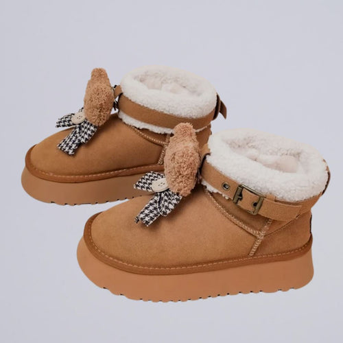 Ultra Soft Plush Bears and Bows Buckle Ankle Boots - Women's Bobo's House US 5 | EU 35 