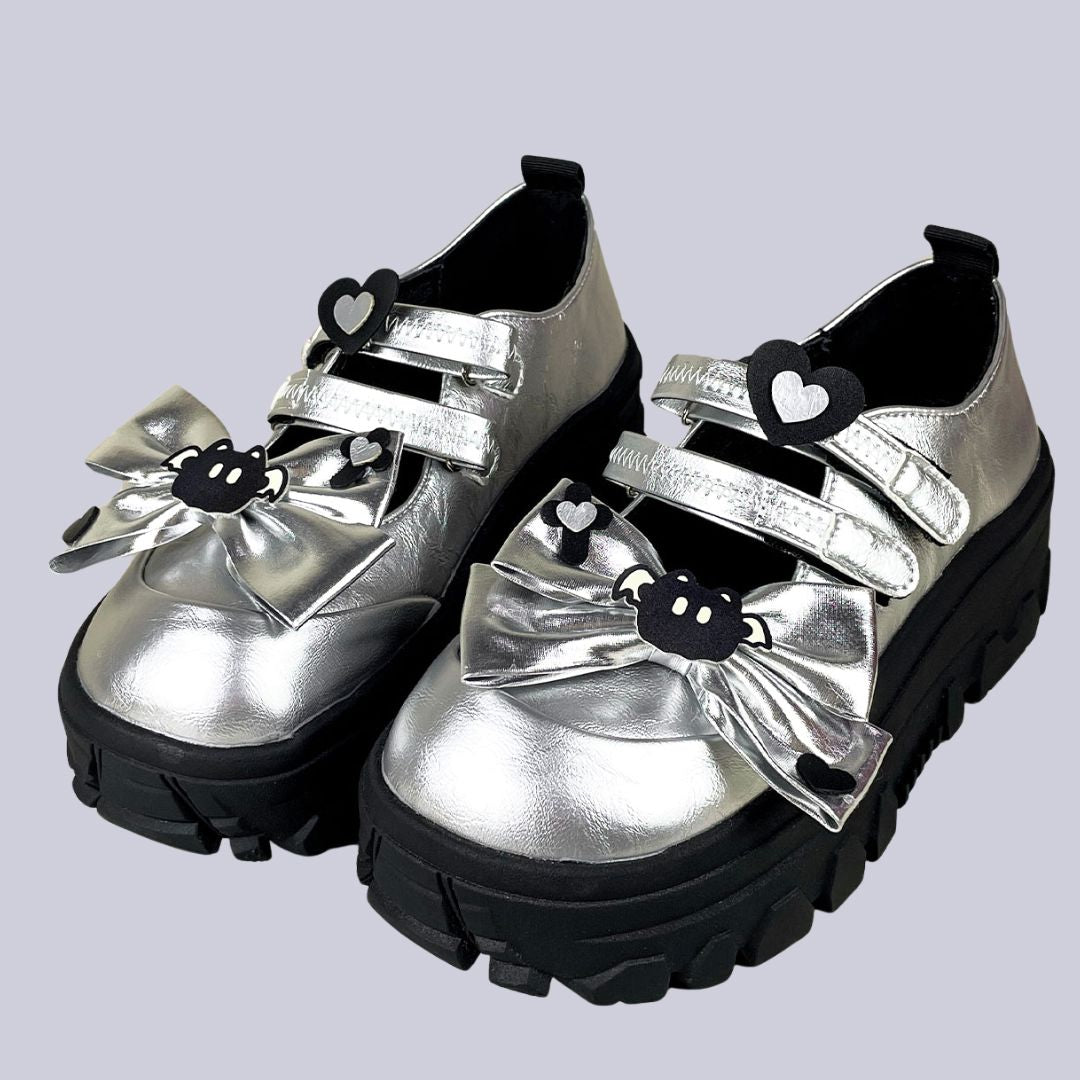 Y2K Silver Bow Dark Kawaii Chunky Mary Jane – Women's – Bobo's House
