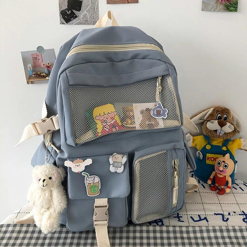 Cute Soft Canvas School Backpack With Pins Aesthetic Back Pack Fashion  Bookbag With Hanging Bear Fancy High School Bags For Teenage Lightweight  Travel