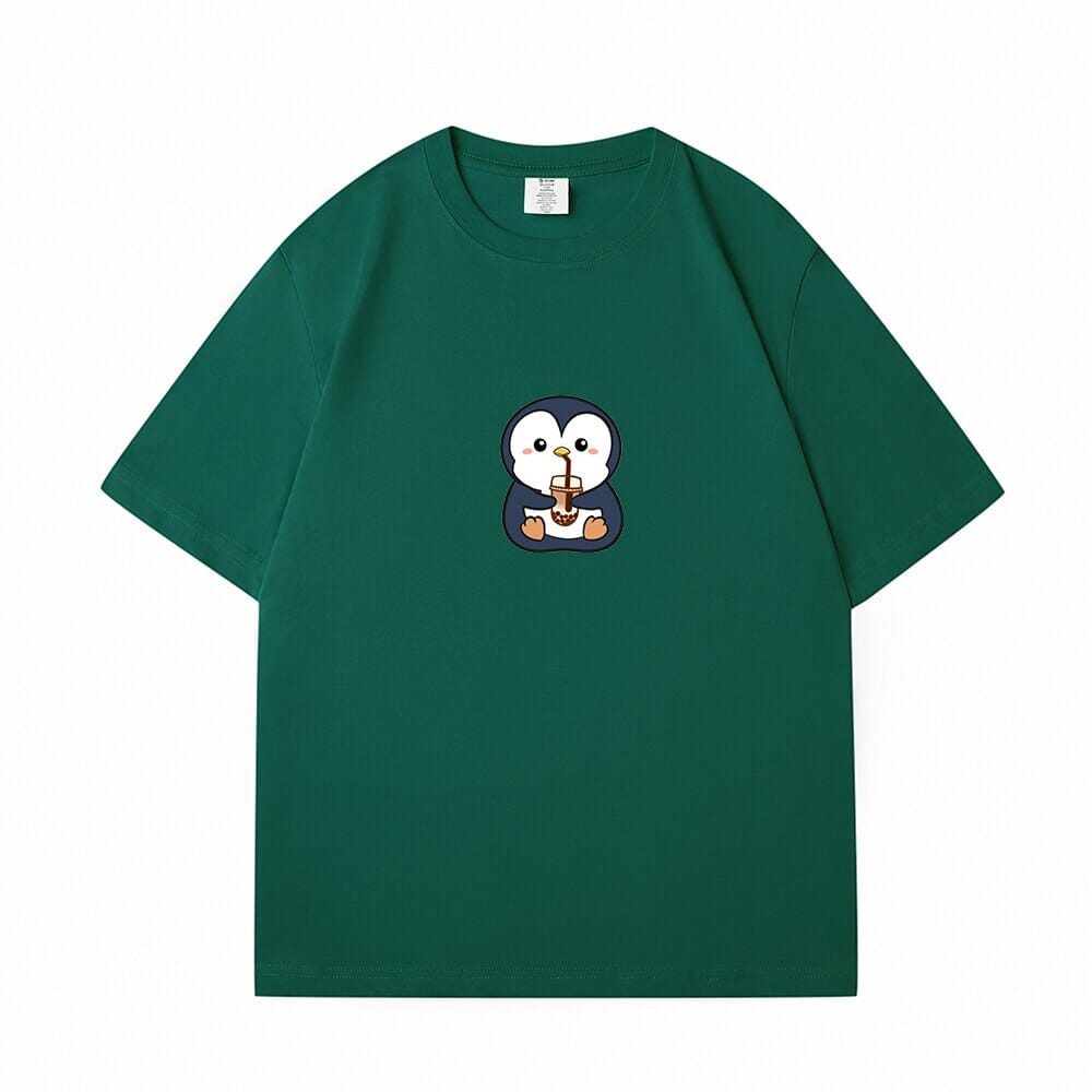 Boba Lovin Penguin Loose Cotton T-Shirts 0 Bobo&#39;s House Deep green S 