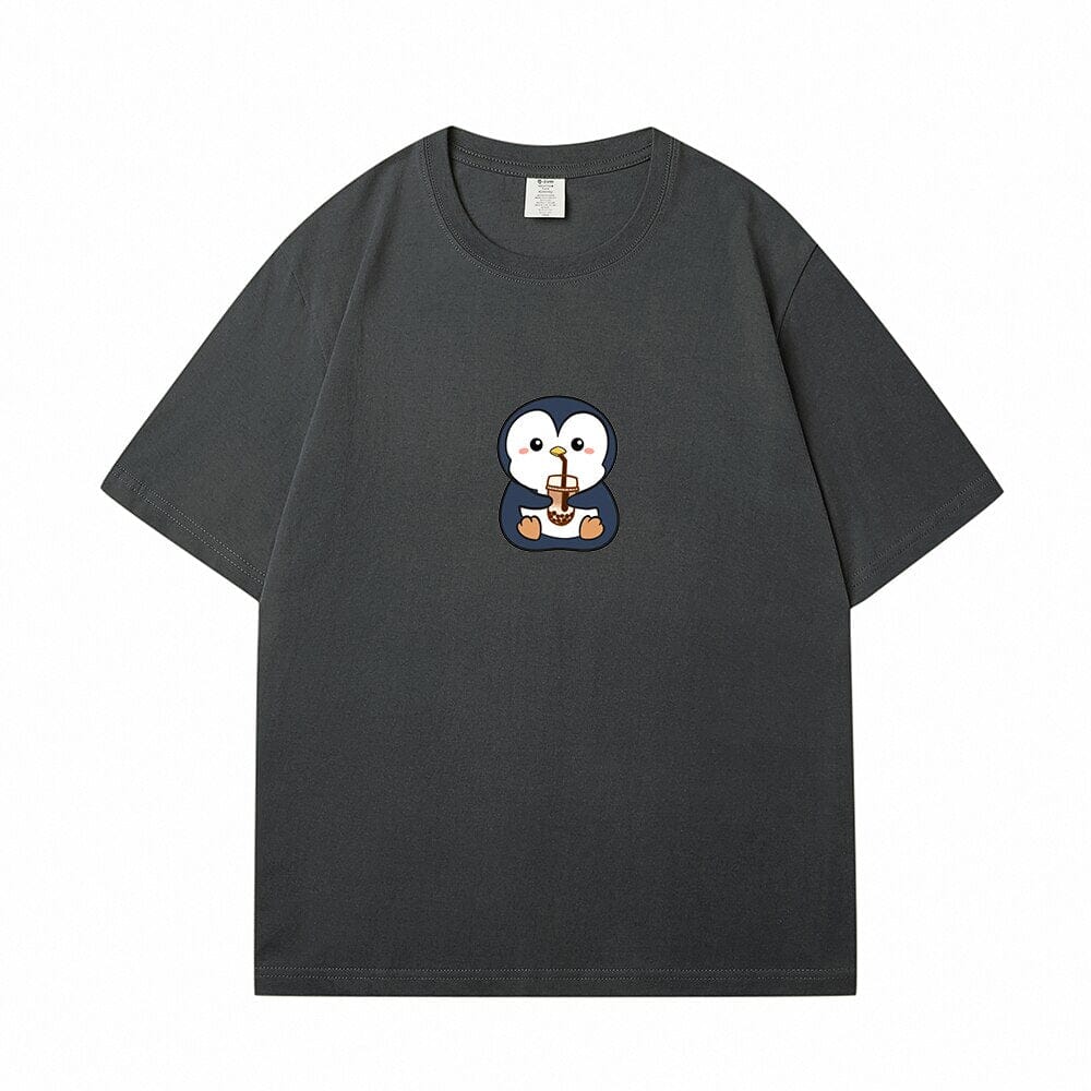 Boba Lovin Penguin Loose Cotton T-Shirts 0 Bobo&#39;s House Gray S 