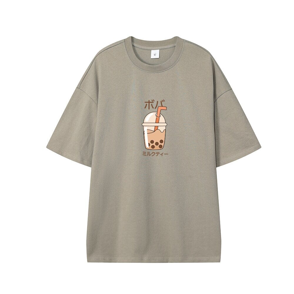 Boba Milk Tea Oversized Drop Shoulder T-Shirt 0 Bobo&#39;s House Dusty Beige XS 