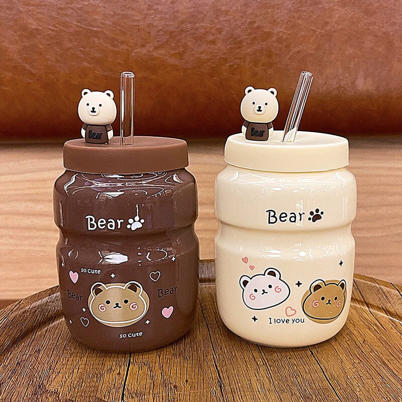 750ml Kawaii Animal Glass Cups With Lid And Straw Cute Coffee Mugs