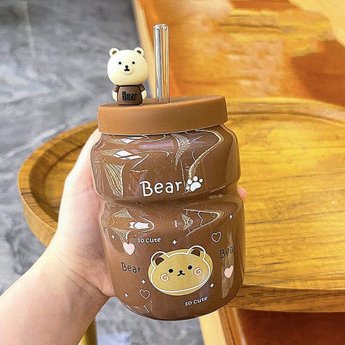 Cartoon Bear Ceramic Straw Cup Mug Bottles Bobo's House A brown 
