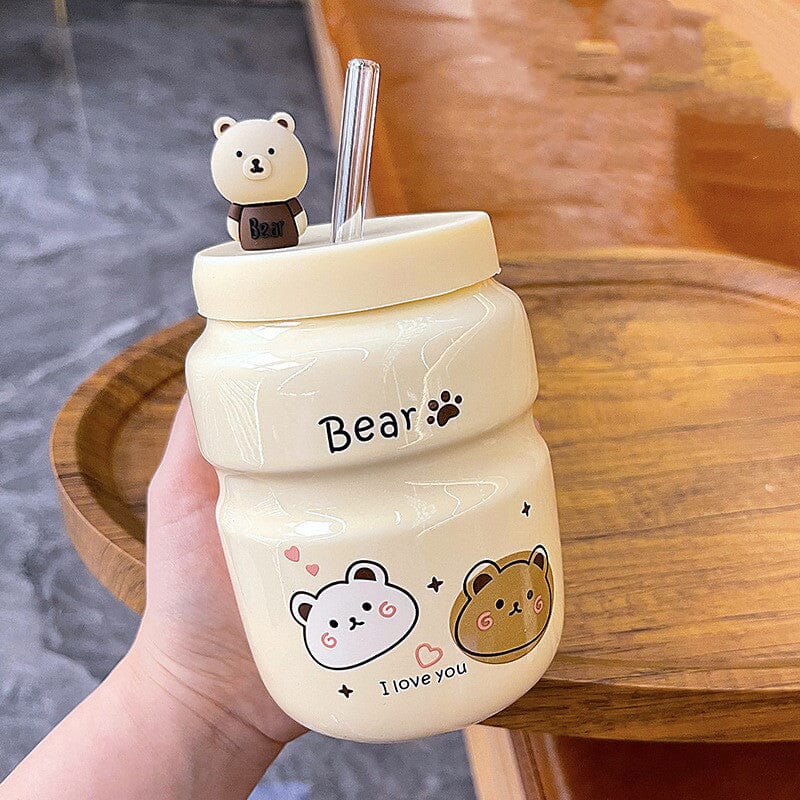 Cartoon Bear Ceramic Straw Cup Mug Bottles Bobo&#39;s House B beige 