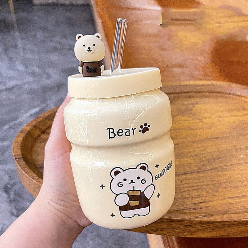 Cartoon Bear Ceramic Straw Cup Mug Bottles Bobo&#39;s House C beige 