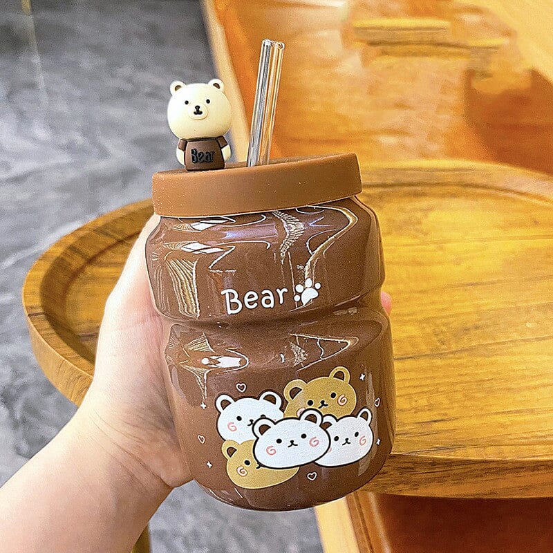 Cartoon Bear Ceramic Straw Cup Mug Bottles Bobo&#39;s House D brown 