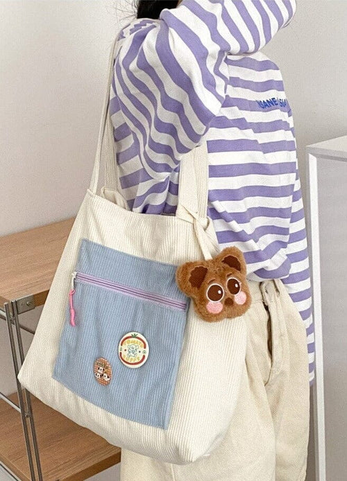 Casually Cute Colorblock Corduroy Shoulder Bag backpack Bobo's House Beige 