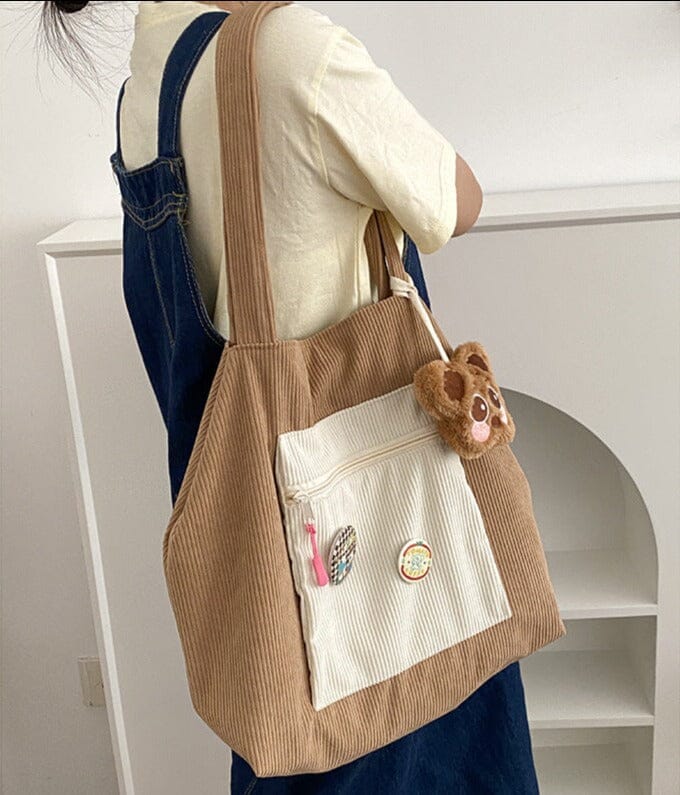 Casually Cute Colorblock Corduroy Shoulder Bag backpack Bobo&#39;s House Brown 