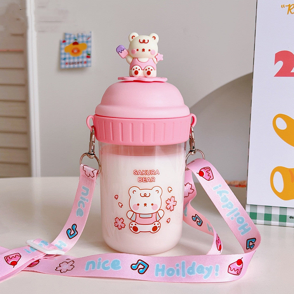 Smile Graphic Bear Flip Straw Water Bottle - Pink