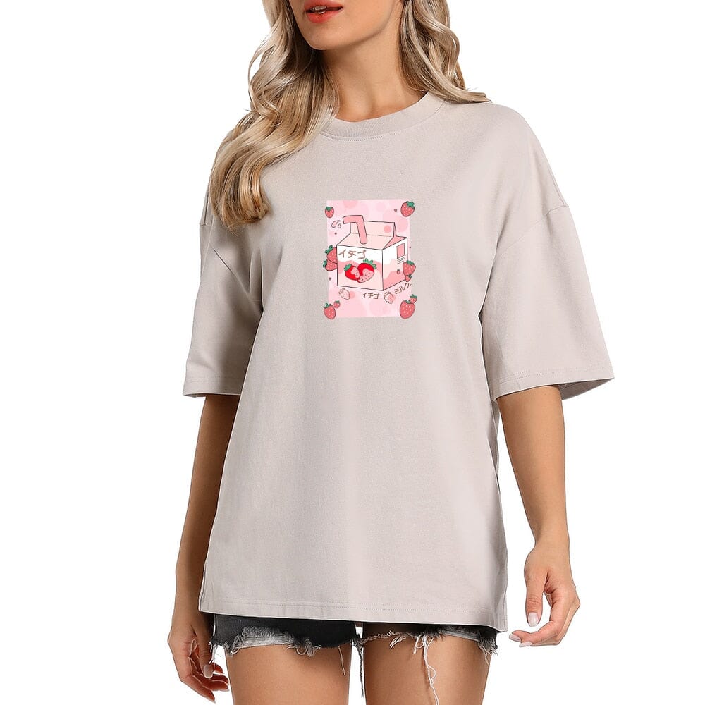 Kawaii Strawberry Milk Box Oversized Drop Shoulder T-Shirt 0 Bobo&#39;s House 