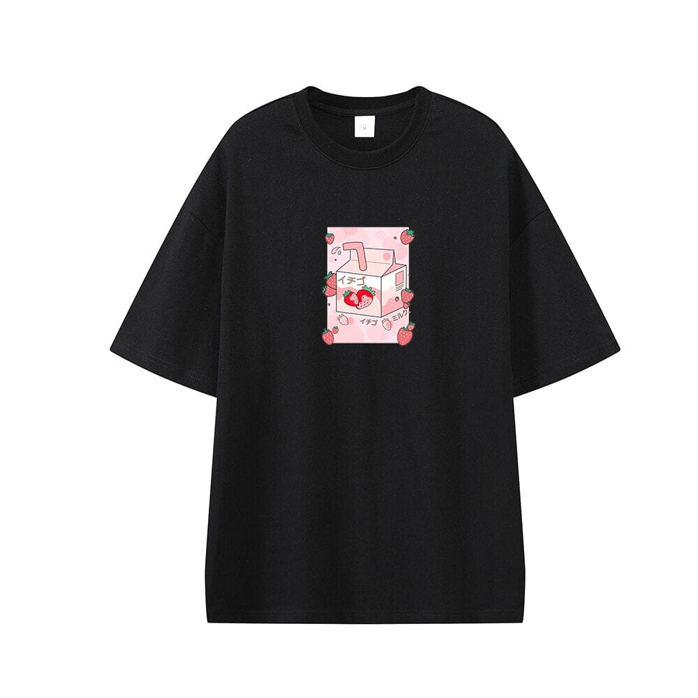Kawaii Strawberry Milk Box Oversized Drop Shoulder T-Shirt 0 Bobo&#39;s House Black XS 