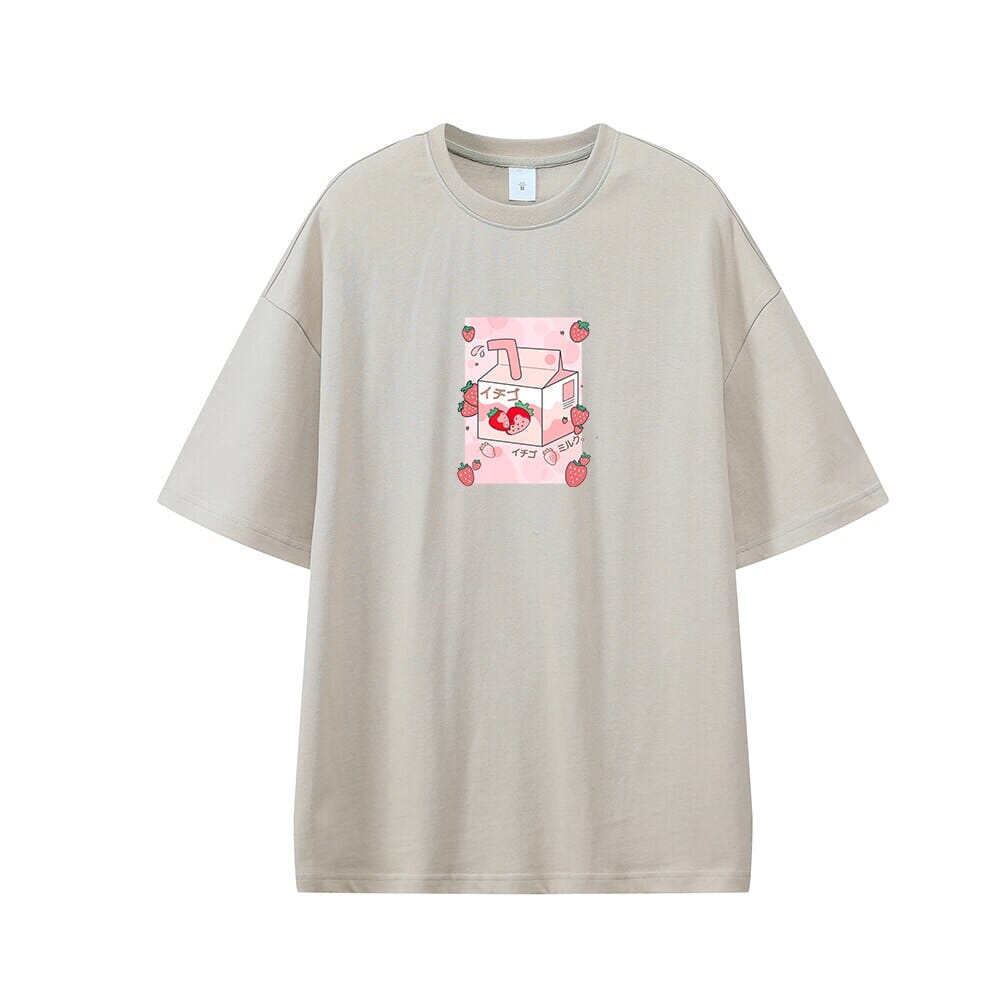 Kawaii Strawberry Milk Box Oversized Drop Shoulder T-Shirt 0 Bobo&#39;s House Concrete XS 