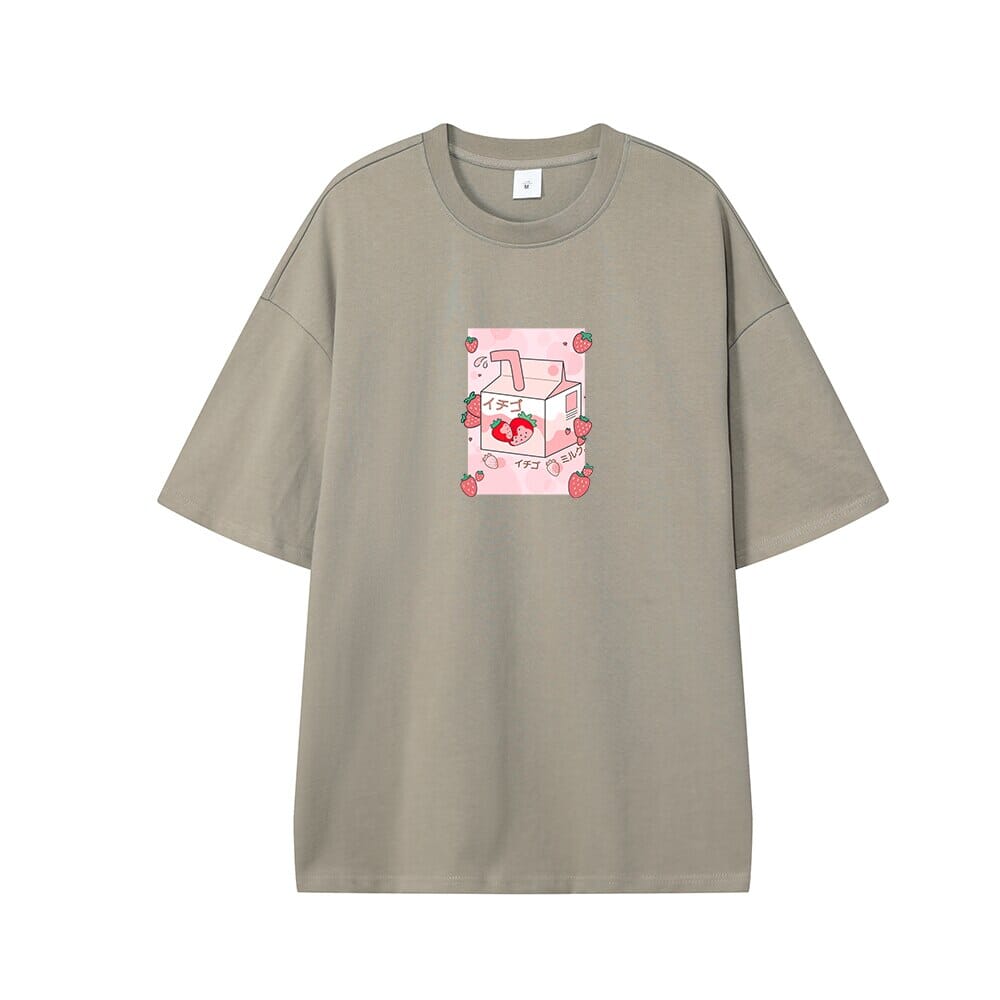Kawaii Strawberry Milk Box Oversized Drop Shoulder T-Shirt 0 Bobo&#39;s House Dusty Beige XS 