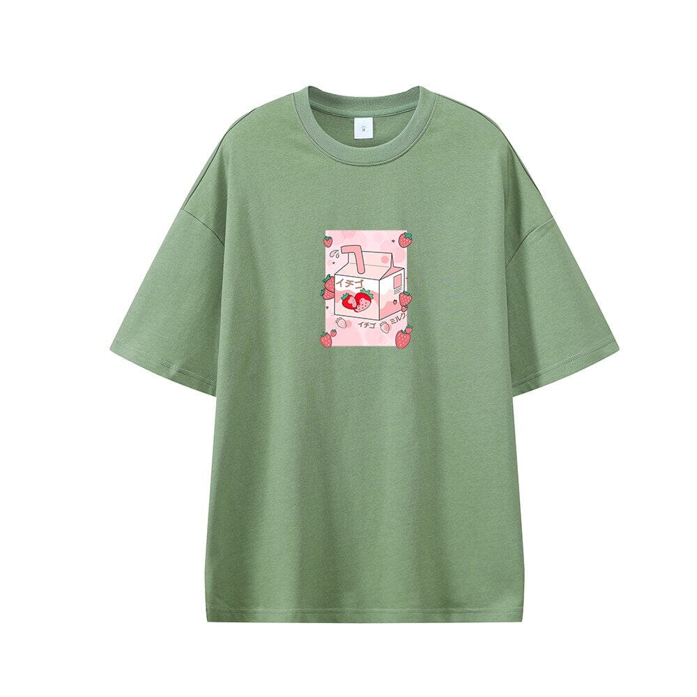 Kawaii Strawberry Milk Box Oversized Drop Shoulder T-Shirt 0 Bobo&#39;s House Green XS 