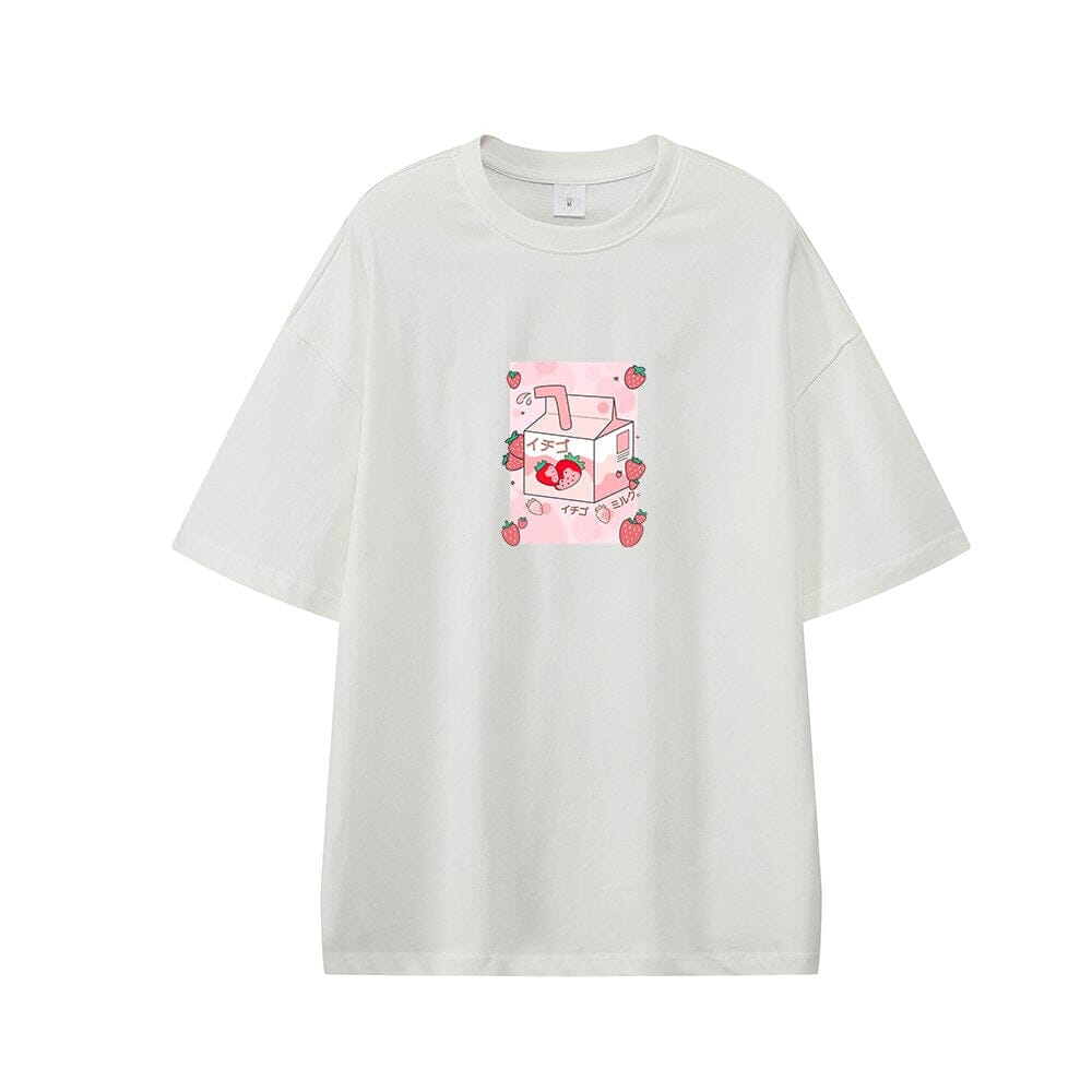 Kawaii Strawberry Milk Box Oversized Drop Shoulder T-Shirt 0 Bobo&#39;s House White XS 