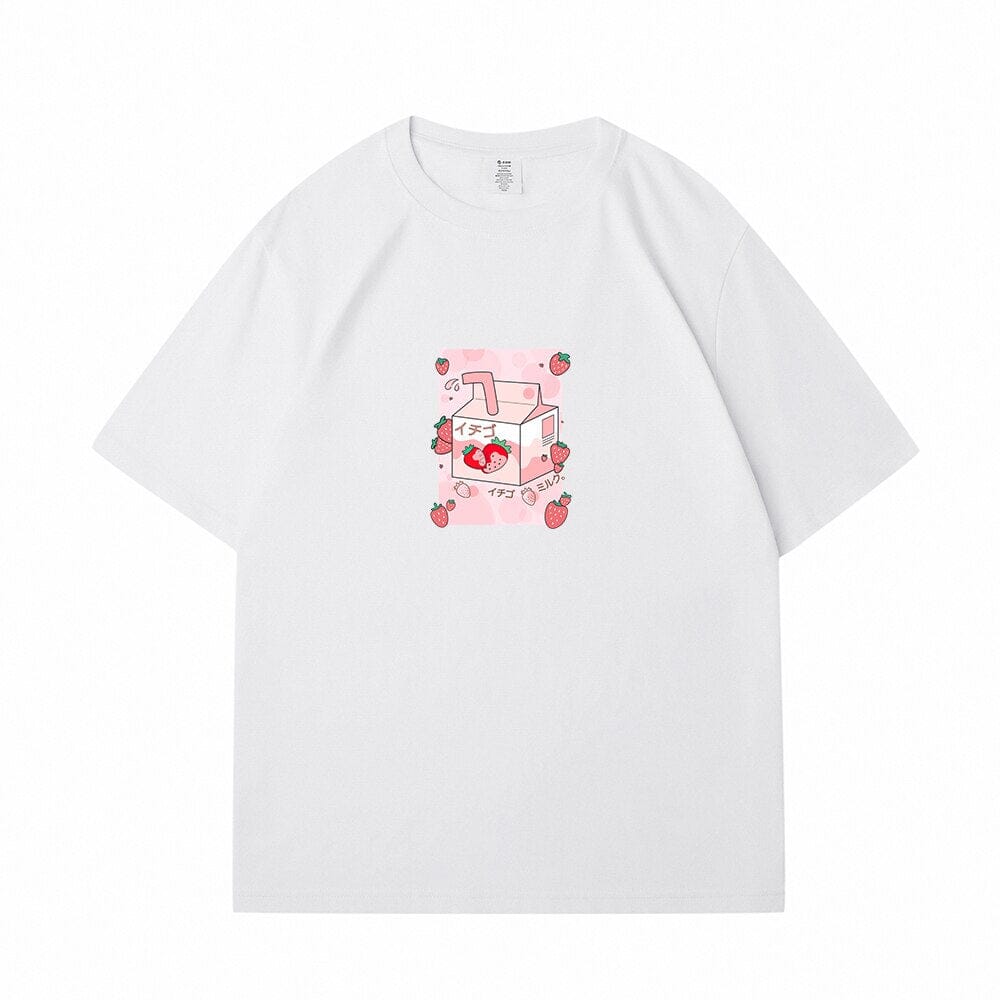 Kawaii Strawbery Milk Box Loose Cotton T-Shirts 0 Bobo's House White S 