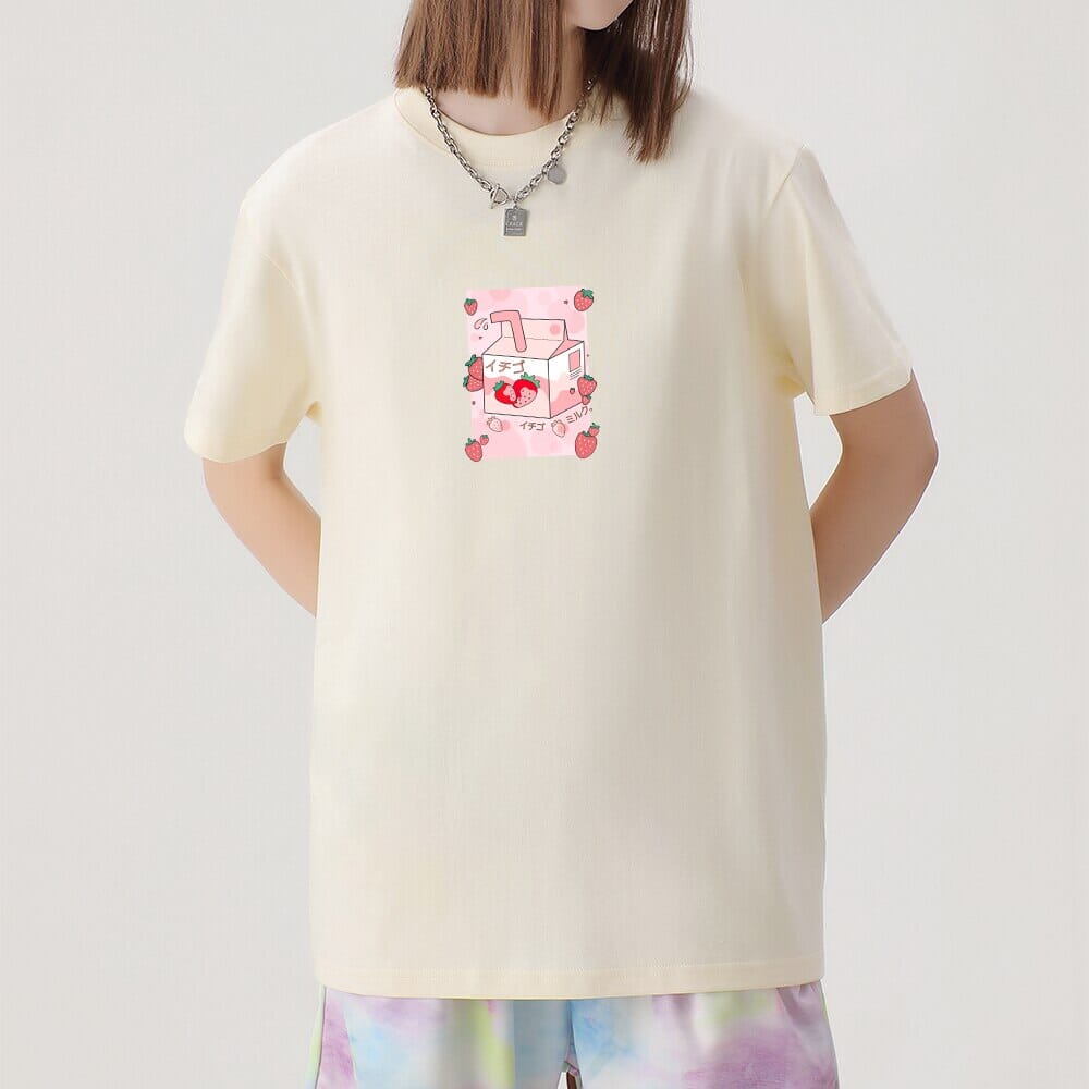 Kawaii Strawbery Milk Box Loose Cotton T-Shirts 0 Bobo&#39;s House Apricot S 