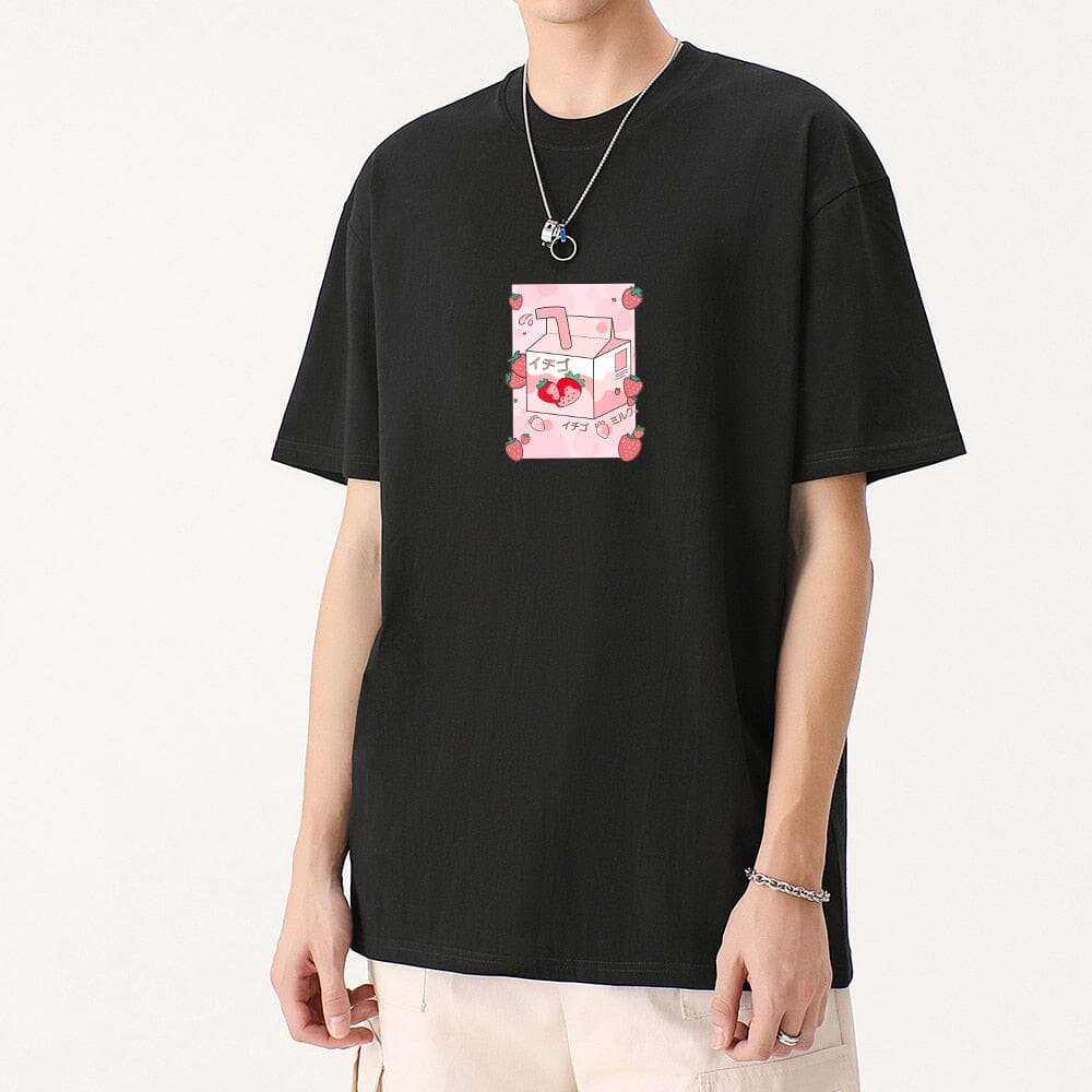 Kawaii Strawbery Milk Box Loose Cotton T-Shirts 0 Bobo&#39;s House Black S 