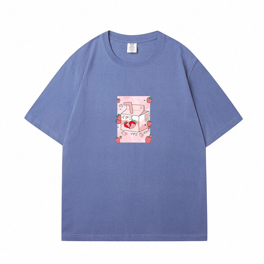 Kawaii Strawbery Milk Box Loose Cotton T-Shirts 0 Bobo&#39;s House Blue S 
