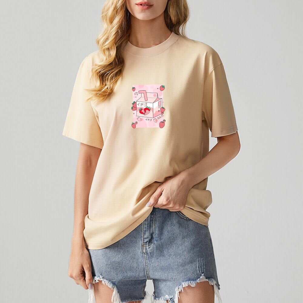 Kawaii Strawbery Milk Box Loose Cotton T-Shirts 0 Bobo&#39;s House Camel S 
