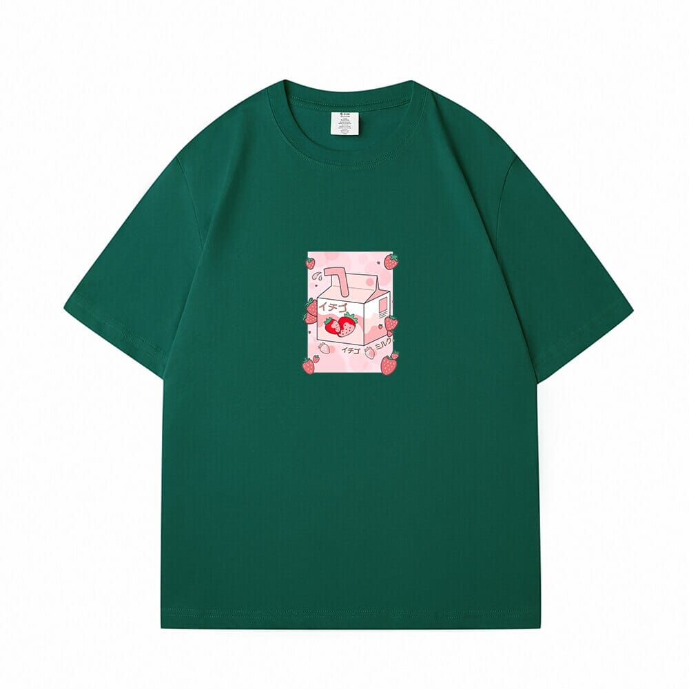 Kawaii Strawbery Milk Box Loose Cotton T-Shirts 0 Bobo&#39;s House Deep green S 