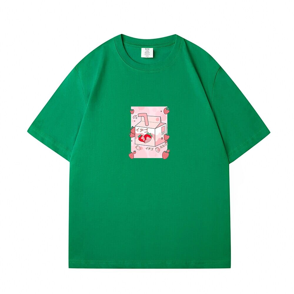 Kawaii Strawbery Milk Box Loose Cotton T-Shirts 0 Bobo&#39;s House Grass green S 
