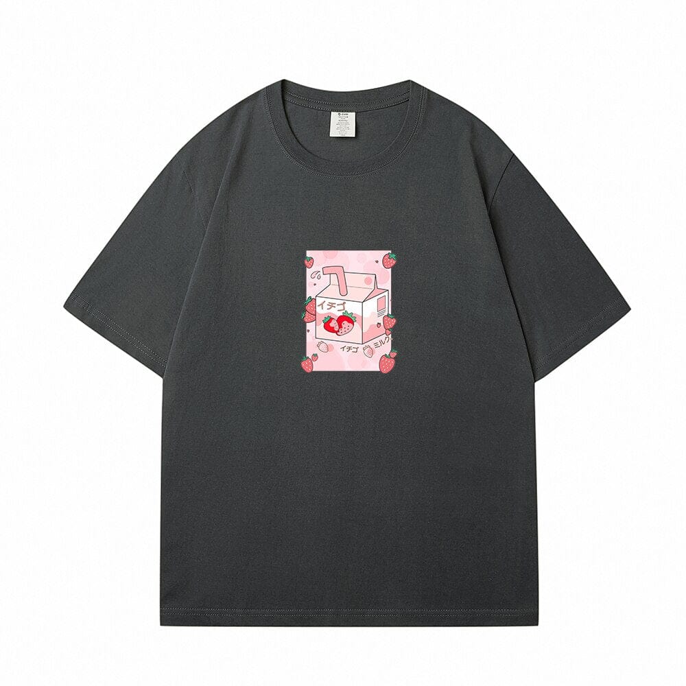 Kawaii Strawbery Milk Box Loose Cotton T-Shirts 0 Bobo&#39;s House Gray S 