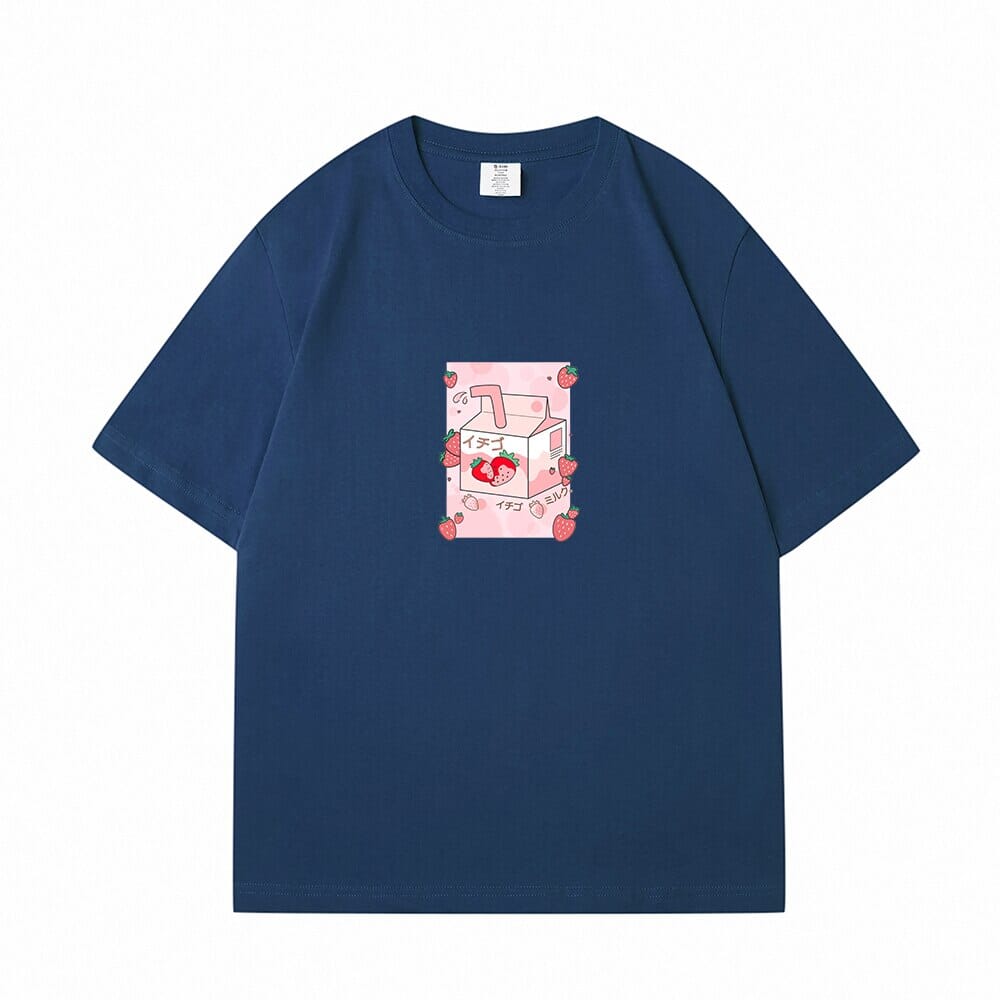 Kawaii Strawbery Milk Box Loose Cotton T-Shirts 0 Bobo&#39;s House Navy Blue S 