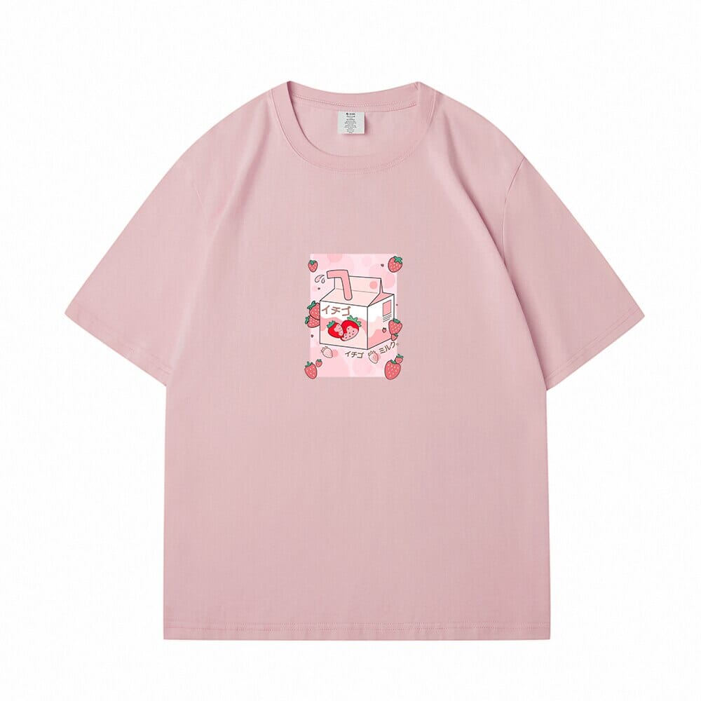 Kawaii Strawbery Milk Box Loose Cotton T-Shirts 0 Bobo&#39;s House Pink S 